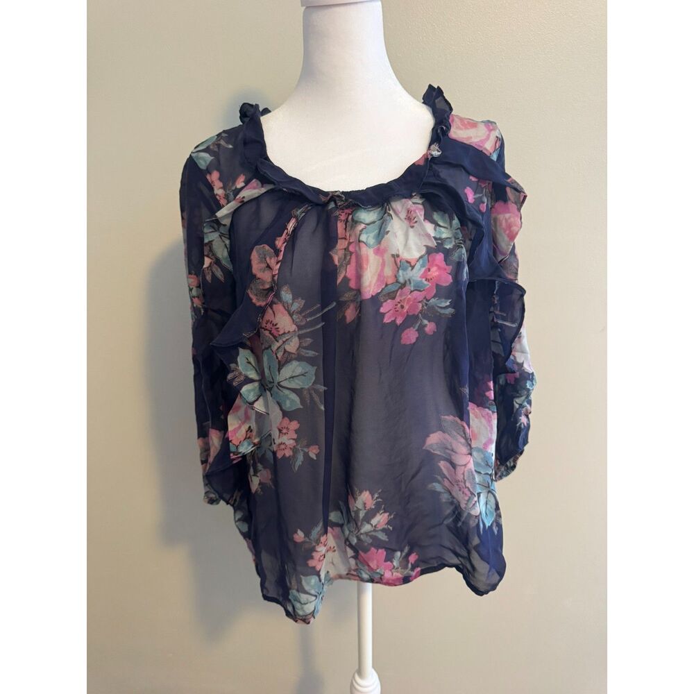 Leifsdottir Anthropologie 100% Silk Cotati Chiffon Ruffle Floral Blouse Size 10